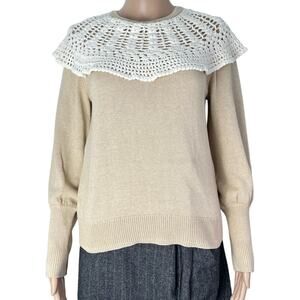 Tuckernuck Bettina Crochet Collar Long Sleeve Cream Cotton Sweater